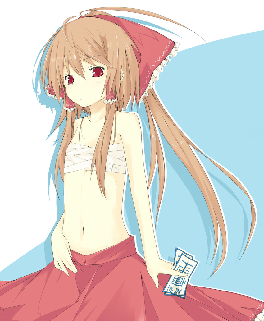 brown_hair flat_chest groin hakurei_reimu highres kitsune_(scaz) midriff navel ofuda red_eyes ribbon sarashi solo touhou