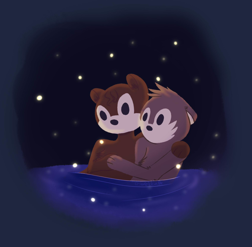 2019 brown_fur digital_media_(artwork) duo fur male mammal mustelid night otter outside safe sky star water