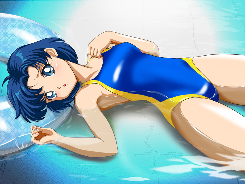 afloat bishoujo_senshi_sailor_moon blue blue_eyes blue_hair blue_innertube competition_swimsuit earrings innertube jewelry lying md5_mismatch mizuno_ami one-piece_swimsuit pirochi shiny shiny_clothes short_hair solo swimsuit water