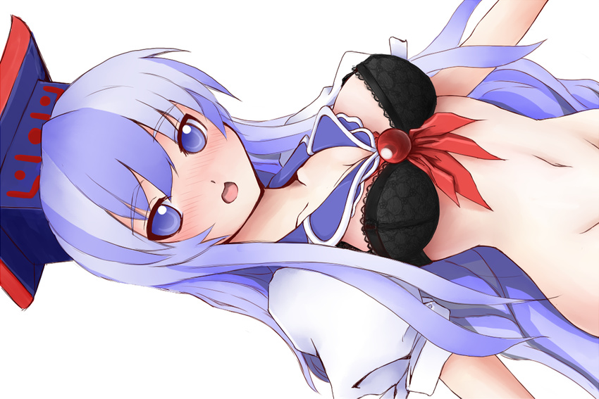 bad_id bad_pixiv_id black_bra blue_eyes blue_hair blush bra breasts cleavage groin hat kamishirasawa_keine lingerie long_hair medium_breasts open_clothes open_mouth open_shirt shirt shishigami_(sunagimo) sideways solo touhou underwear