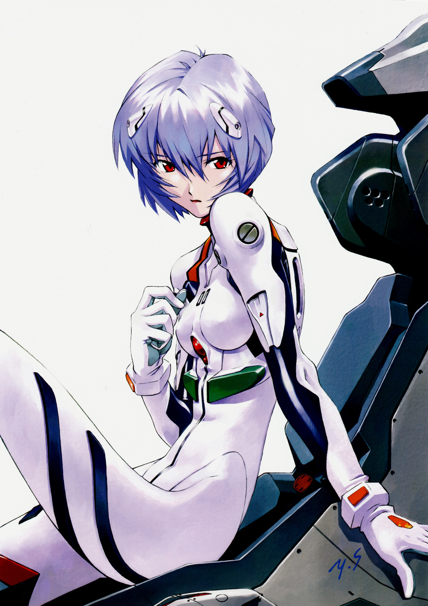 absurdres ayanami_rei blue_hair bodysuit cockpit entry_plug highres neon_genesis_evangelion pale_skin plugsuit red_eyes sadamoto_yoshiyuki scan short_hair sitting skin_tight solo white_bodysuit