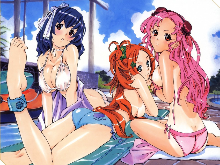 3girls ass bikini blue_hair cleavage large_breasts lying official_art open_mouth orange_hair pink_hair pool satou_kenetsu seikon_no_qwaser sendou_mutsumi swimsuit tanline tsujido_miyuri yamanobe_tomo