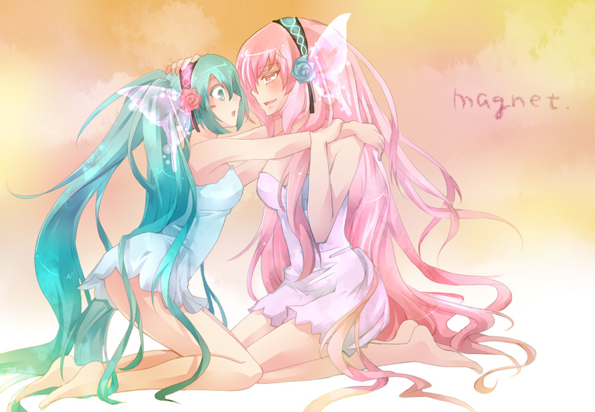 aqua_eyes aqua_hair barefoot dress ginshachi hatsune_miku headband hug kneeling legs long_hair magnet_(vocaloid) megurine_luka multiple_girls pink_eyes pink_hair very_long_hair vocaloid yuri