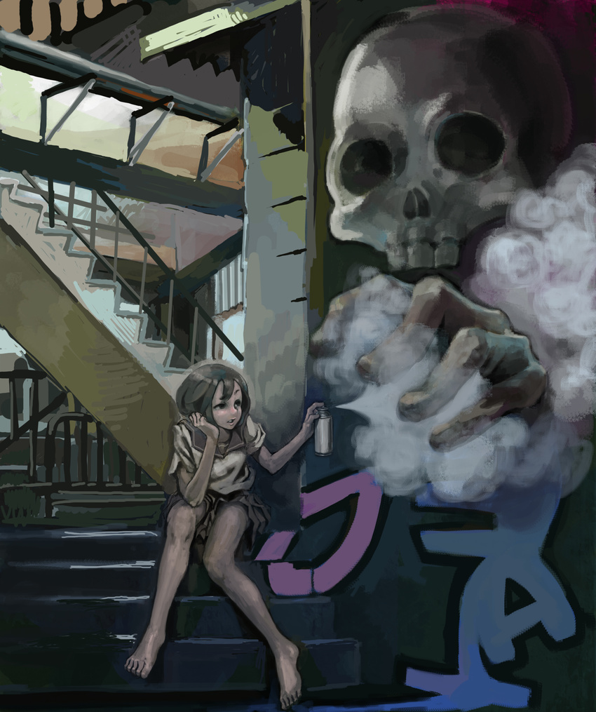 absurdres bad_id bad_pixiv_id barefoot brown_eyes brown_hair graffiti highres mochii'nu original school_uniform serafuku sitting sitting_on_stairs skull spray_paint stairs