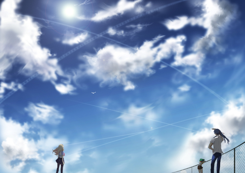 2girls bird blonde_hair blue_hair cloud condensation_trail day gen_(enji) green_hair highres macross macross_frontier multiple_girls ponytail ranka_lee saotome_alto scenery sheryl_nome sky