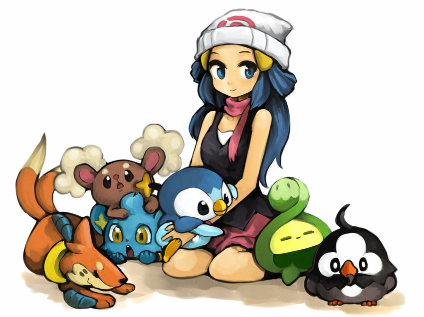 beanie blue_eyes blue_hair budew buizel buneary gen_4_pokemon hat hikari_(pokemon) morina_nao piplup pokemon pokemon_(creature) red_scarf scarf shinx smile starly