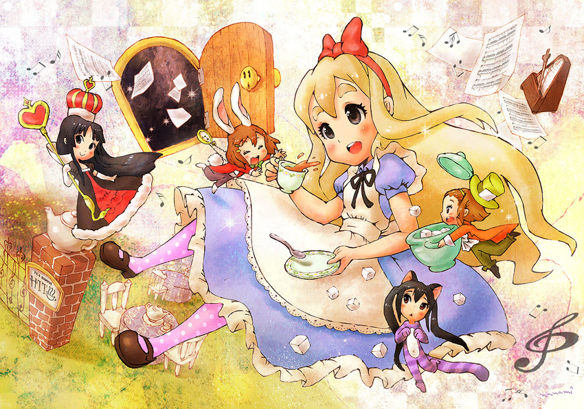 akiyama_mio alice_(wonderland) alice_(wonderland)_(cosplay) alice_in_wonderland animal_ears apron bad_id bad_pixiv_id beamed_eighth_notes black_eyes blonde_hair bunny_ears cheshire_cat cheshire_cat_(cosplay) chibi cosplay crown cup door dress eighth_note hat hirasawa_yui k-on! kotobuki_tsumugi long_hair mad_hatter mad_hatter_(cosplay) metronome minigirl multiple_girls musical_note nakano_azusa nanami_tomorou queen queen_of_hearts queen_of_hearts_(cosplay) saucer sheet_music sixteenth_note sugar_bowl sugar_cube tainaka_ritsu tea_set teacup teapot top_hat treble_clef white_rabbit white_rabbit_(cosplay)