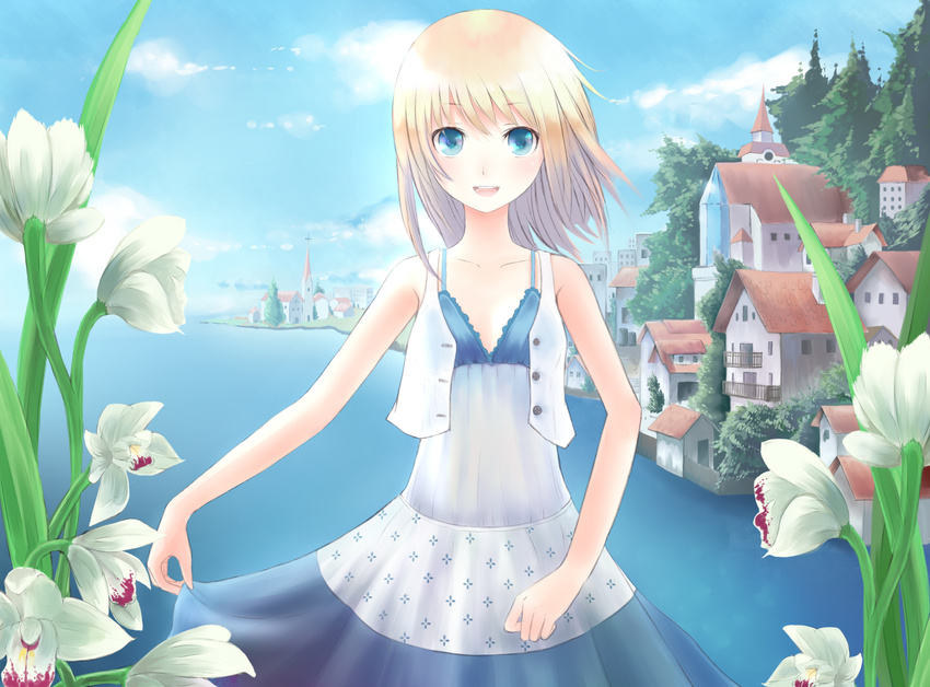 :d bangs bare_arms bare_shoulders blonde_hair blue_eyes blush city cloud collarbone day dress flower hanamuke highres horizon house long_hair looking_at_viewer ocean open_clothes open_mouth open_vest original outdoors skirt_hold sky sleeveless sleeveless_dress smile solo vest water