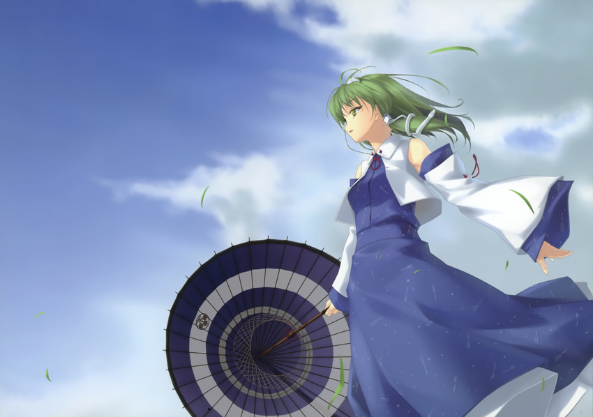 absurdres cloud day detached_sleeves frog green_hair hair_ornament highres kochiya_sanae oriental_umbrella rokuwata_tomoe sky snake solo touhou umbrella wind yellow_eyes