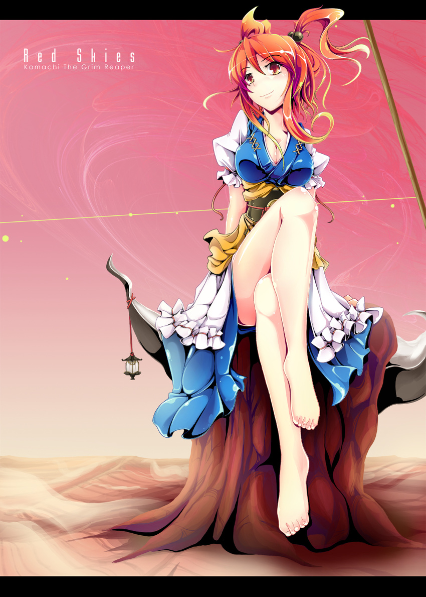 barefoot breasts character_name cleavage commentary_request crossed_legs feet hair_bobbles hair_ornament highres ichirino_minagi large_breasts legs md5_mismatch onozuka_komachi red_eyes red_hair scythe short_hair sitting solo touhou two_side_up