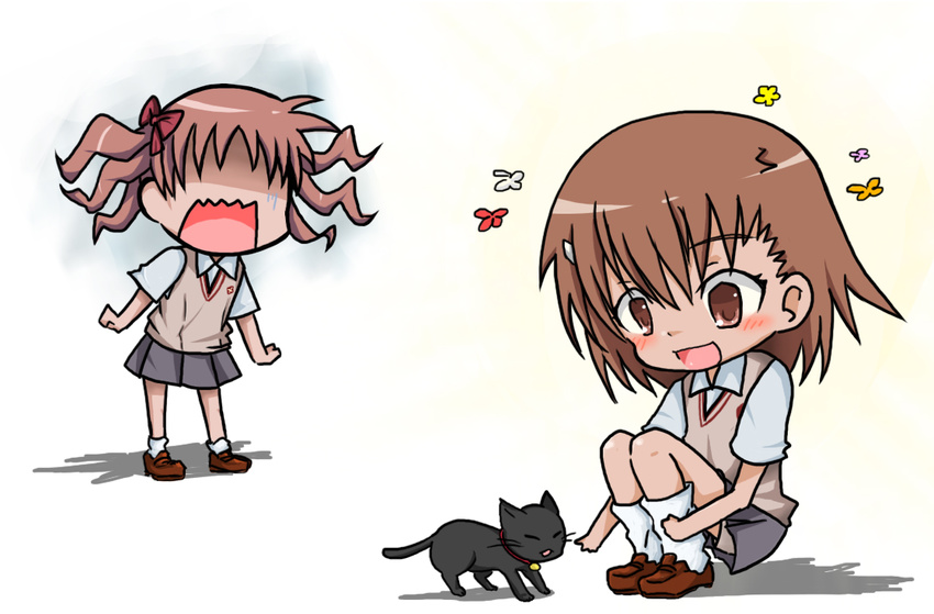 bad_id bad_pixiv_id brown_eyes brown_hair cat chibi inu_(index) long_hair misaka_mikoto multiple_girls rubii school_uniform shirai_kuroko short_hair surprised sweater_vest to_aru_kagaku_no_railgun to_aru_majutsu_no_index twintails