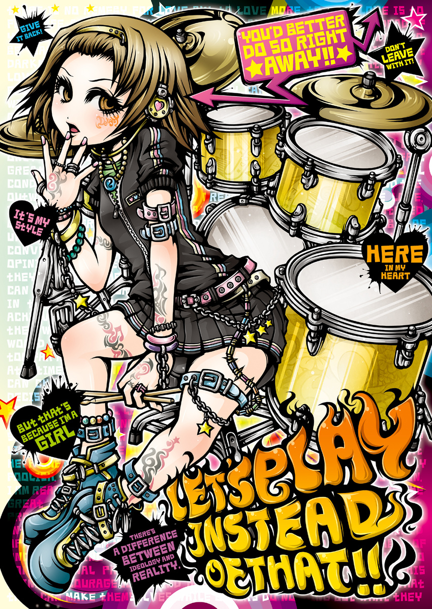 boots bracelet brown_eyes brown_hair chain drum headphones highres instrument jewelry k-on! nail_polish pink_nails project.c.k. ring solo tainaka_ritsu tattoo thumb_ring