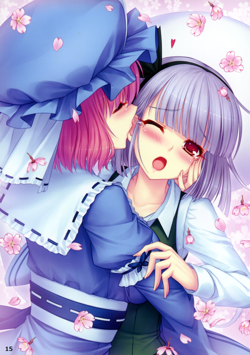 2girls absurdres bangs biting blunt_bangs blush cherry_blossoms ear_biting female hairband hat highres hug japanese_clothes kimono konpaku_youmu konpaku_youmu_(ghost) multiple_girls myon pink_hair red_eyes ribbon saigyouji_yuyuko sayori silver_hair touhou wince yuri