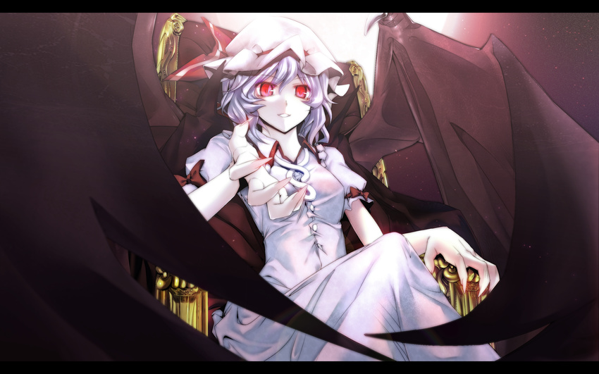 absurdres asskiler bad_id bad_pixiv_id bat_wings beckoning bow fingernails glowing glowing_eyes hat highres lavender_hair red_eyes remilia_scarlet short_hair sitting solo throne touhou wings