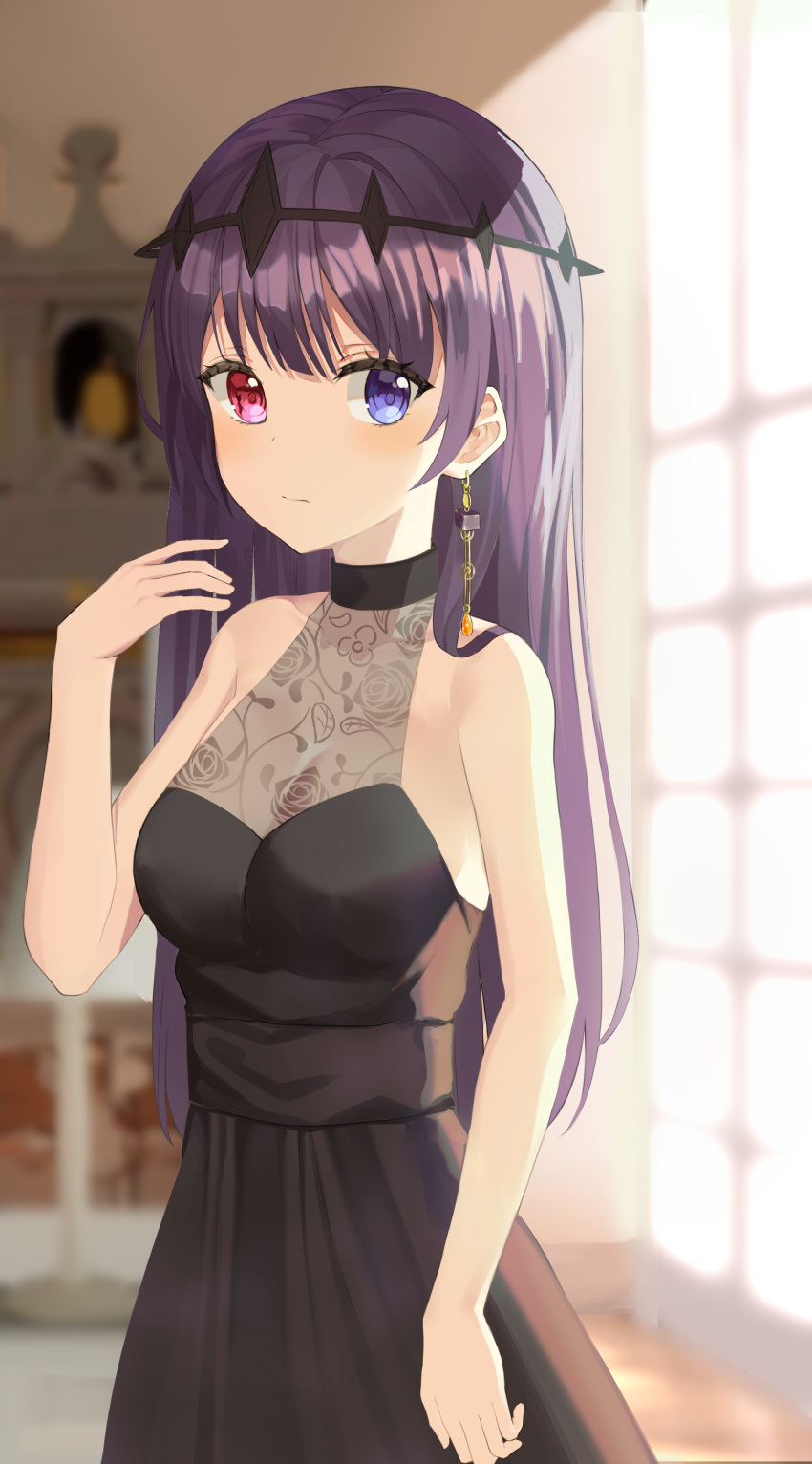 1girl absurdres bangs bare_arms bare_shoulders black_dress black_hair blue_eyes blurry blurry_background blush breasts closed_mouth cowboy_shot dress earrings hair_ornament hand_up heterochromia highres indoors jewelry large_breasts long_hair looking_at_viewer original puto_(put_to_) red_eyes shiny shiny_hair solo window