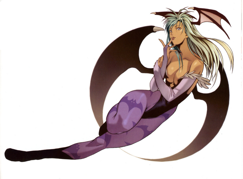 :p aqua_hair bare_shoulders bat_wings blue_eyes boots breasts cleavage cropped demon_girl elbow_gloves finger_licking fingerless_gloves gloves head_wings highres homare_(fool's_art) large_breasts legs leotard licking long_hair morrigan_aensland pantyhose simple_background solo succubus tongue tongue_out vampire_(game) wings
