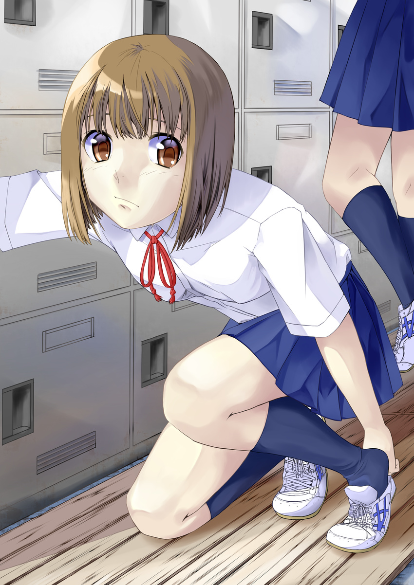 brown_eyes brown_hair highres navy_blue_legwear nomi original putting_on_shoes school_uniform skirt socks solo_focus