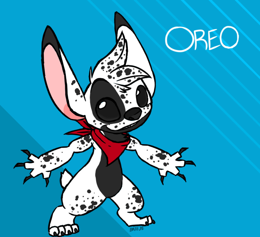 2019 4_fingers 4_toes alien bateye black_and_white_fur black_claws black_eyes black_nose blue_background blue_fur character_name chest_tuft claws digital_drawing_(artwork) digital_media_(artwork) disney experiment_(species) fan_character flat_colors fur lilo_and_stitch looking_at_viewer multicolored_fur neckerchief oreo_(thepixelstitch22) signature simple_background small_tail solo spots spotted_fur toe_claws toes tuft two_tone_fur white_fur