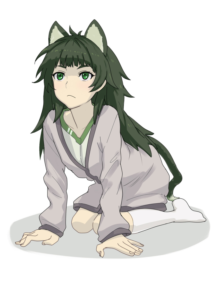 1girl all_fours animal_ears flat_chest full_body green_eyes green_hair highres hiyajou_maho long_hair long_sleeves menomorute shirt simple_background socks solo steins;gate steins;gate_0 sweater v-neck white_background white_legwear