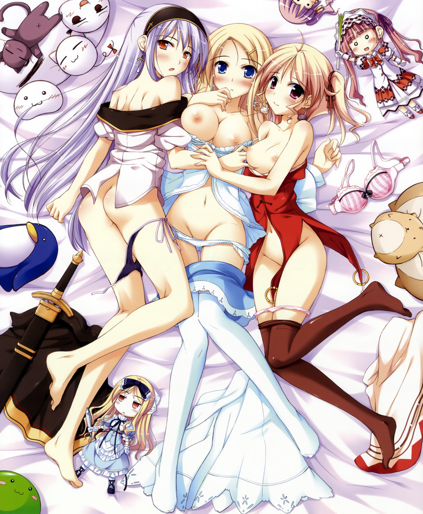 :3 absurdres agnes_boulange ahoge ass avril_(shukufuku_no_campanella) barefoot bed blonde_hair blue_eyes blush bow bow_bra bra bra_removed breasts carina_verritti cat character_doll chelsea_arcot doll earrings feet groin hair_ornament hairband hairclip highres jewelry ko~cha large_breasts lavender_hair legs lowleg lying medium_breasts minette multiple_girls nipples no_bra on_back on_side orange_eyes panties panty_pull pantyhose pink_panties plaid plaid_bra purple_eyes purple_panties salsa_tortilla shukufuku_no_campanella side-tie_panties stuffed_animal stuffed_toy sword thighhighs twintails underwear undressing untied untied_panties weapon white_legwear white_panties yuri