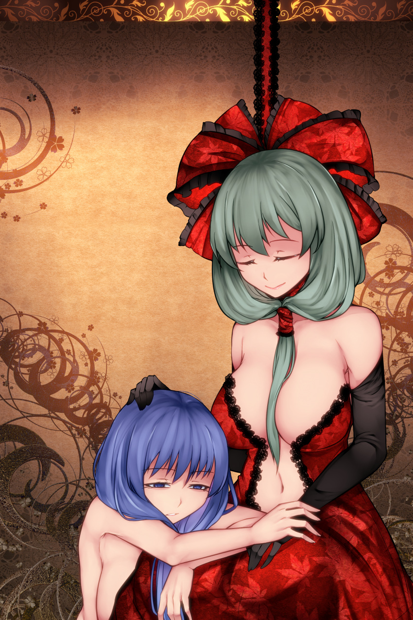 2girls absurdres alternate_costume aoshima bare_shoulders between_breasts black_gloves blue_eyes blue_hair breasts collarbone commentary_request dress elbow_gloves empty_eyes eyes_closed front_ponytail gloves green_hair hair_down hair_ornament half-closed_eyes hand_on_another's_head highres indoors kagiyama_hina kawashiro_nitori large_breasts leaf_print long_hair multiple_girls navel no_hat no_headwear nude parted_lips red_dress red_ribbon ribbon sitting smile touhou upper_body