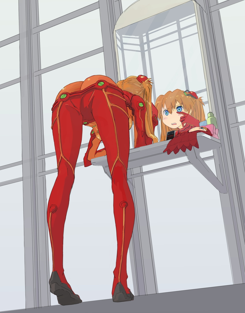ass bent_over blue_eyes brown_hair butt_crack doll evangelion:_2.0_you_can_(not)_advance from_behind highres legs long_hair long_legs mirror neon_genesis_evangelion pinzu plugsuit rebuild_of_evangelion reflection shikinami_asuka_langley solo souryuu_asuka_langley test_plugsuit tiptoes twintails