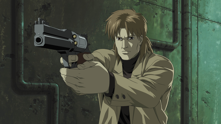 absurdres artist_request brown_hair coat ghost_in_the_shell ghost_in_the_shell_stand_alone_complex gun handgun highres male_focus mateba_2008m mullet revolver solo togusa weapon