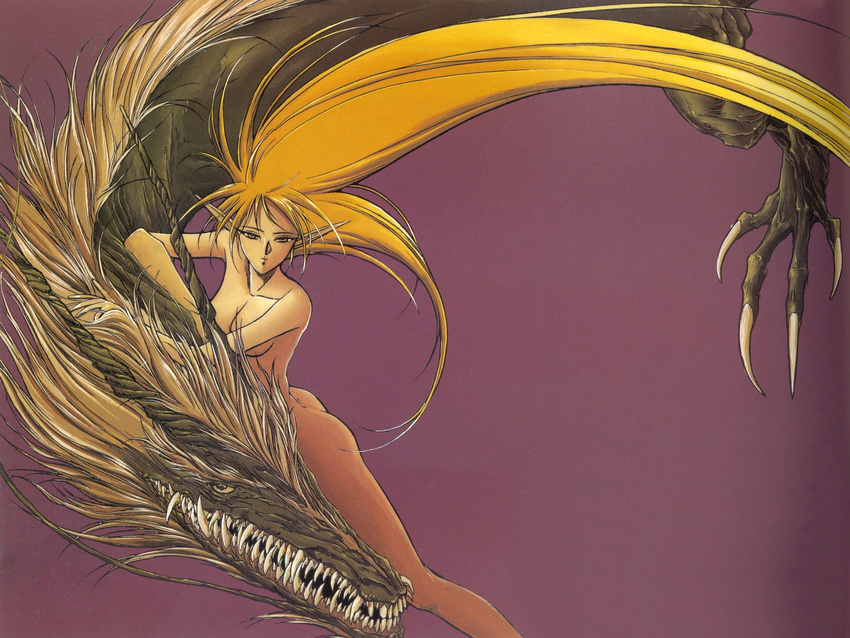 90s ass bangs blonde_hair breasts censored claws convenient_censoring deedlit dragon eastern_dragon elf floating_hair from_side half-closed_eyes highres large_breasts light_smile long_hair long_pointy_ears looking_at_viewer lying mycen nude official_art on_stomach parted_lips pointy_ears purple_background record_of_lodoss_war scan sharp_teeth simple_background smile teeth very_long_hair yellow_eyes yuuki_nobuteru