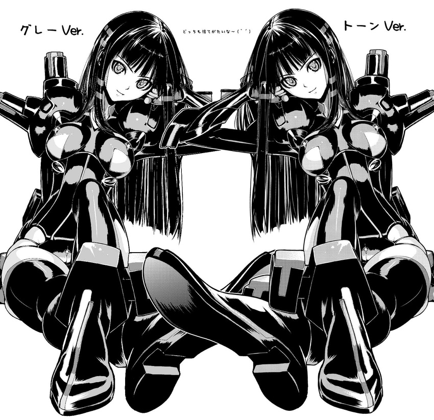 ar_tonelico ar_tonelico_ii armor bangs boots breastplate breasts crossed_legs foreshortening full_body gloves greyscale head_rest head_tilt highres jakuri knee_up large_breasts leotard light_smile long_hair looking_at_viewer monochrome multicolored_hair multiple_girls multiple_views nakabayashi_reimei pauldrons simple_background sitting smile streaked_hair symmetry thigh_boots thighhighs translation_request two-tone_hair underboob underboob_cutout vambraces