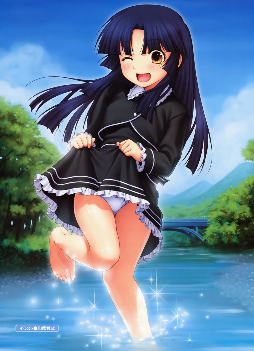 ;d absurdres bangs barefoot blue_hair blunt_bangs blush bridge dengeki_moeou dress dress_lift feet highres huge_filesize kazuma_muramasa one_eye_closed open_mouth original panties parted_bangs scan smile solo stream underwear wading water yellow_eyes