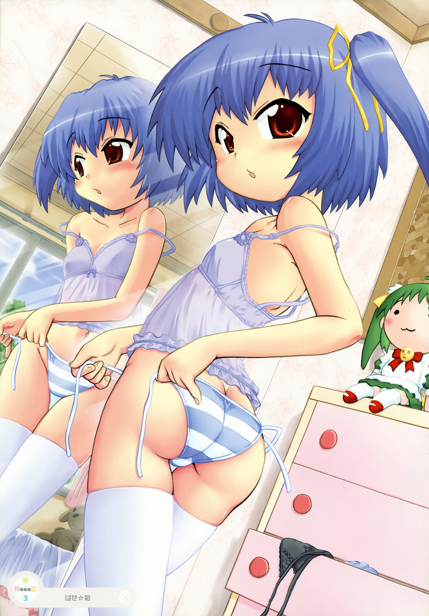 absurdres ass black_lemon-chan black_panties blue_hair blush butt_crack camisole child churuya doll dressing dutch_angle flat_chest from_behind hair_ribbon hase_yu highres lingerie looking_back melonbooks midriff mirror navel panties panties_removed red_eyes reflection ribbon short_hair side-tie_panties side_ponytail strap_slip striped striped_panties stuffed_animal stuffed_toy teddy_bear thigh_gap thighhighs trefoil underwear underwear_only undressing untied untied_panties