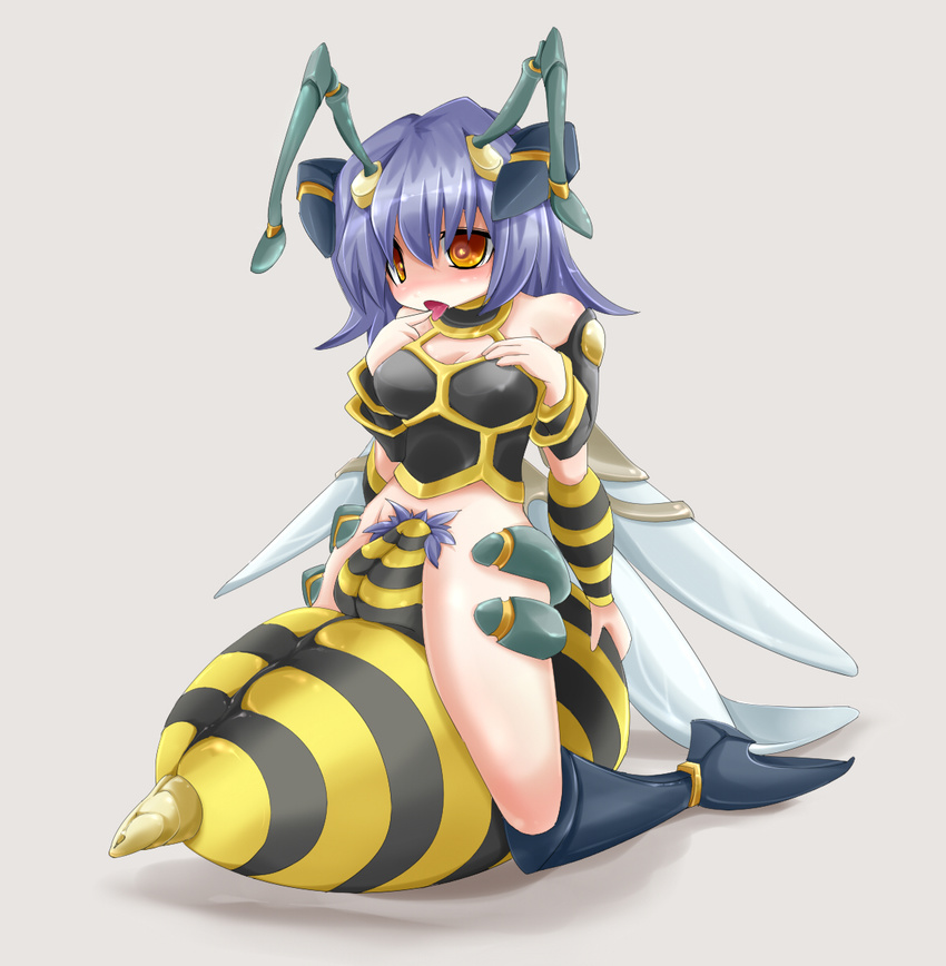 :p antennae bee_girl between_thighs boots bottomless finger_to_mouth frfr highres insect_girl knee_boots kneeling monster_girl multiple_arms orange_eyes original pubic_hair purple_hair short_hair solo tongue tongue_out wings