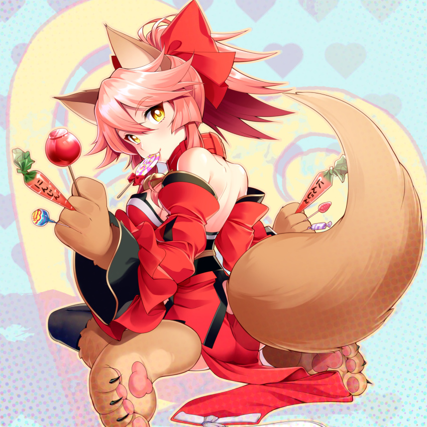 1girl animal_ear_fluff animal_ears bare_shoulders bell bell_collar black_legwear bow candy collar detached_sleeves fate/grand_order fate_(series) food fox_ears fox_girl fox_tail gloves hair_bow hakka_(88hk88) highres holding_lollipop japanese_clothes jingle_bell kimono lollipop looking_back paw_gloves paw_shoes paws pelvic_curtain pink_hair ponytail red_bow red_kimono shoes short_kimono sitting solo tail tamamo_(fate)_(all) tamamo_cat_(fate) thighhighs wariza wide_sleeves