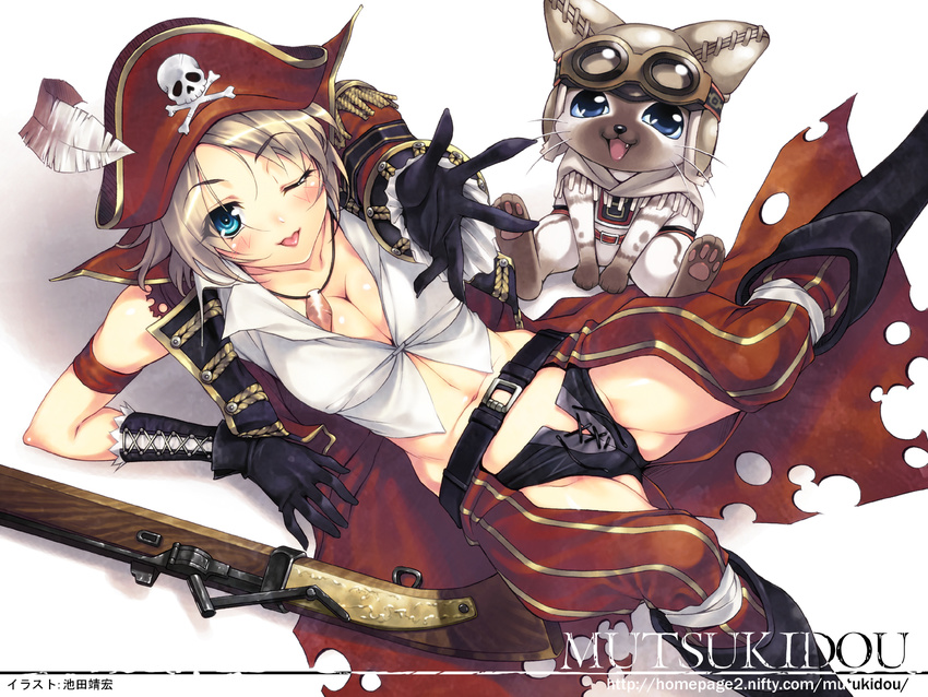 belt blonde_hair blue_eyes breasts cameltoe cleavage covered_nipples fang felyne gloves goggles gun hat highres ikeda_yasuhiro jewelry large_breasts monster_hunter necklace one_eye_closed pirate pirate_j rifle short_hair solo tongue weapon