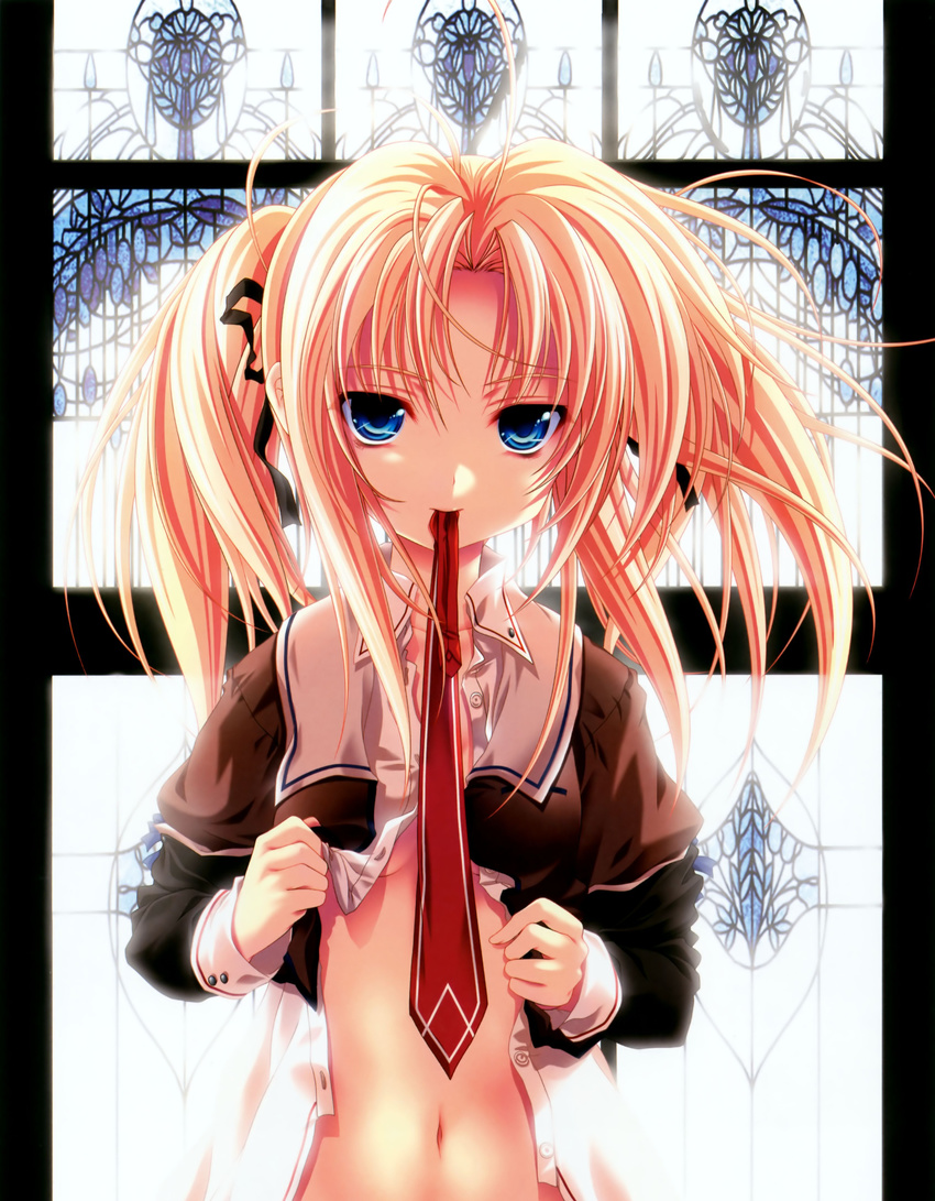 absurdres blonde_hair blue_eyes breasts hair_ribbon highres kanojo_tachi_no_ryuugi midriff miyama-zero mouth_hold navel necktie no_bra non-web_source open_clothes open_shirt ribbon school_uniform shirogane_tobari shirt small_breasts solo stained_glass twintails underboob undressing window