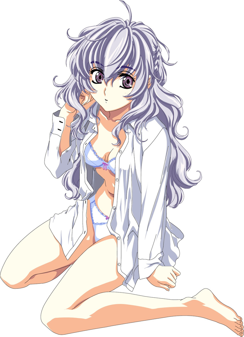 barefoot bow bow_bra bow_panties bra breasts cleavage feet full_metal_panic! highres lingerie long_hair medium_breasts open_clothes open_shirt panties purple_eyes shirt silver_hair solo teletha_testarossa underwear vector_trace wavy_hair