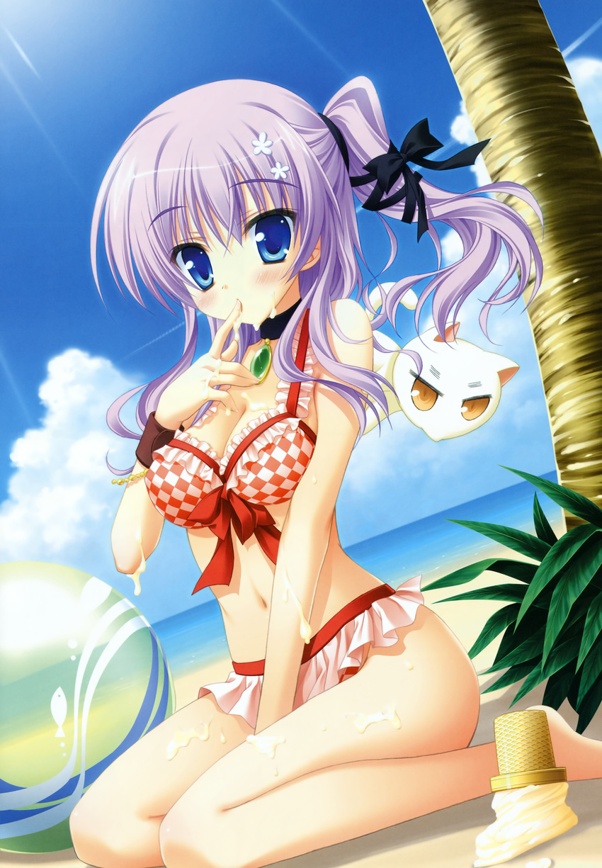 absurdres ball beach beachball bikini blue_eyes blush breasts cat checkered checkered_bikini choker cleavage day food frilled_bikini frills front-tie_top hair_ribbon highres ice_cream kneeling large_breasts light_rays mihama_hitsuji moribe_(rabumanyo) natsu_yume_nagisa navel outdoors ponytail purple_hair ribbon sexually_suggestive sitting sunbeam sunlight swimsuit