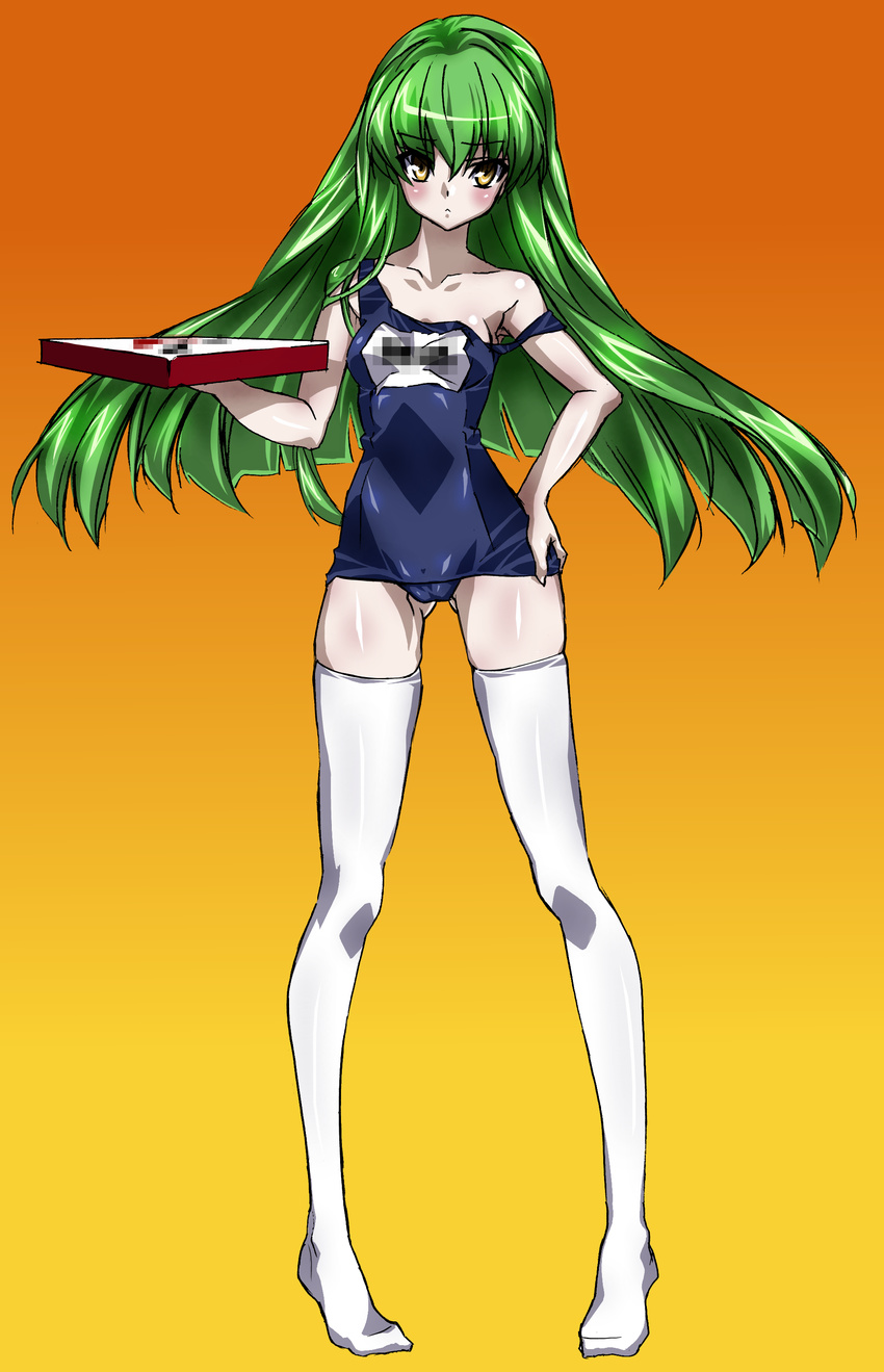 :&lt; absurdres bad_id bad_pixiv_id blush c.c. cameltoe censored code_geass fake_censor food green_hair hand_on_hip highres legs long_hair maetaku off_shoulder one-piece_swimsuit pizza pizza_hut product_placement school_swimsuit simple_background solo swimsuit thighhighs yellow_eyes