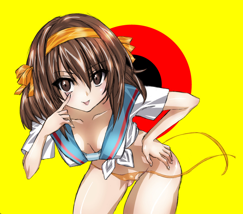 absurdres akanbe bad_id bad_pixiv_id bikini breasts brown_eyes brown_hair cleavage downblouse highres large_breasts maetaku solo suzumiya_haruhi suzumiya_haruhi_no_yuuutsu swimsuit tongue tongue_out undressing untied