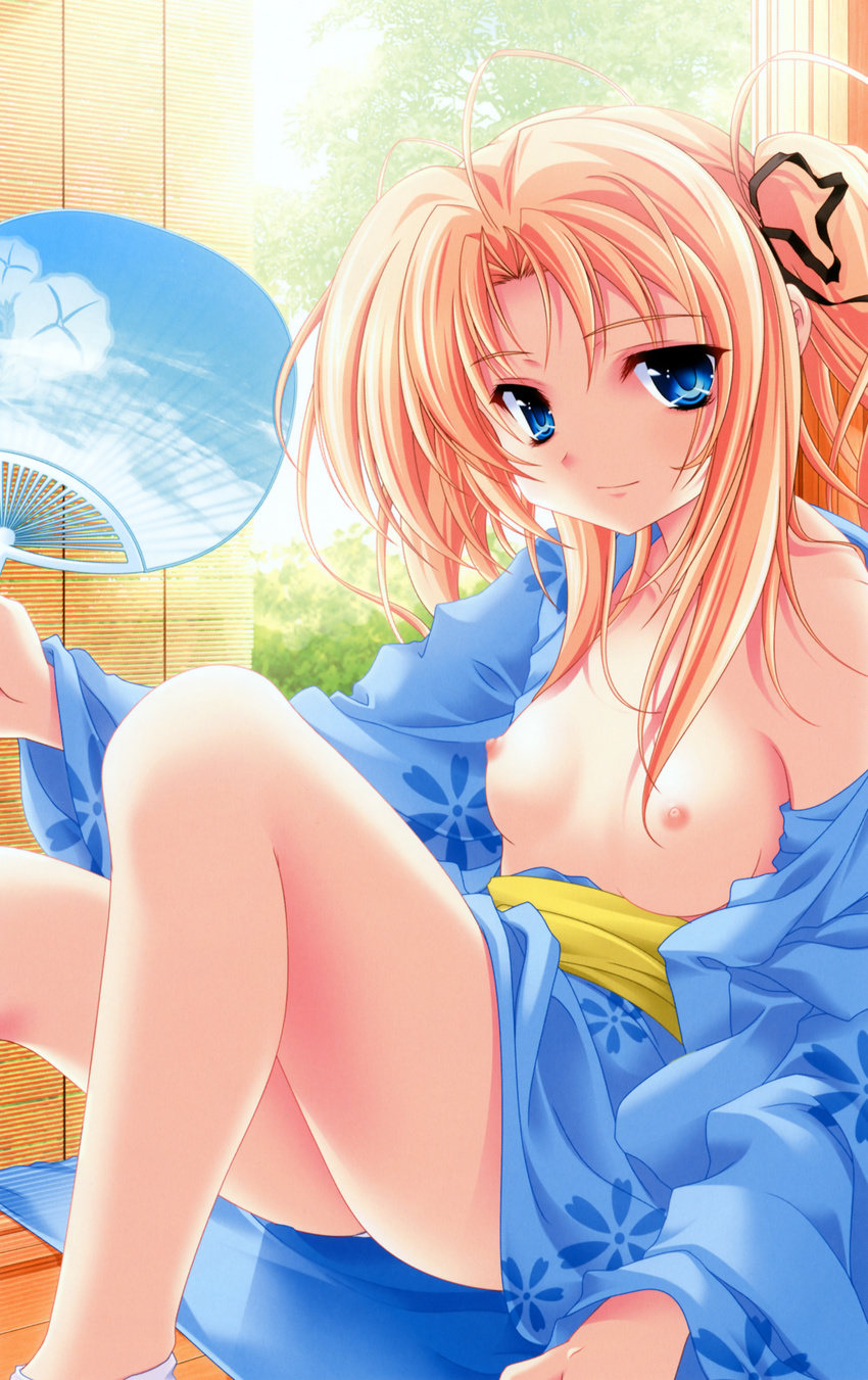 absurdres blonde_hair blue_eyes blue_kimono fan flat_chest highres huge_filesize japanese_clothes kanojo_tachi_no_ryuugi kimono miyama-zero nipples open_clothes paper_fan shirogane_tobari sitting small_nipples smile solo uchiwa yukata