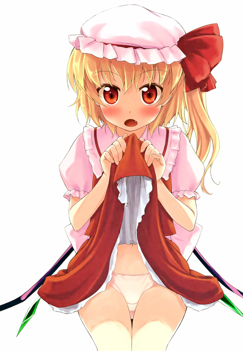 absurdres blonde_hair blush fang flandre_scarlet hat highres long_hair looking_at_viewer mob_cap nullken one_side_up open_mouth panties red_eyes simple_background skirt skirt_lift solo touhou underwear white_background