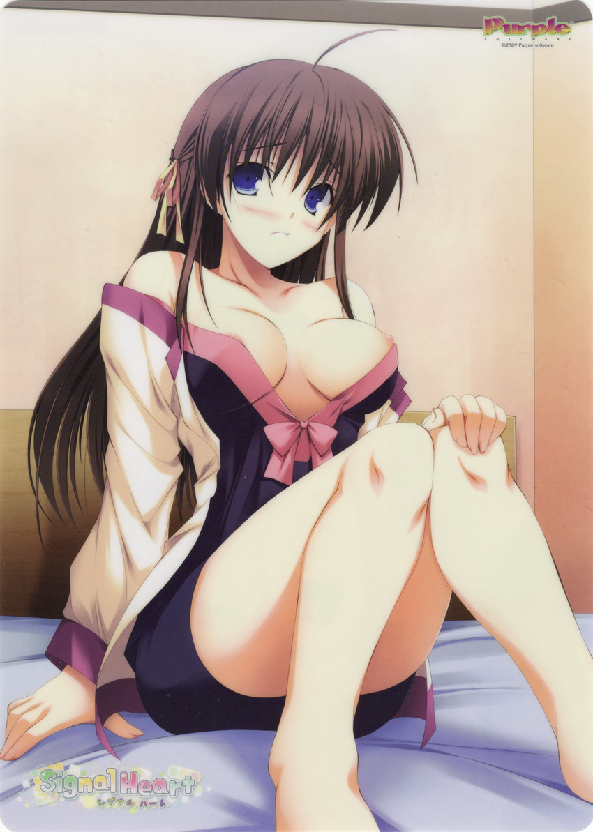 2009 absurdres ahoge bare_legs bed blue_eyes blush bow breasts brown_hair convenient_leg hair_ribbon hand_on_own_knee highres hikami_nagisa knees large_breasts nipple_slip nipples off_shoulder official_art on_bed open_clothes open_robe ribbon robe scan scan_artifacts signal_heart sitting solo yuuki_makoto_(radiant)