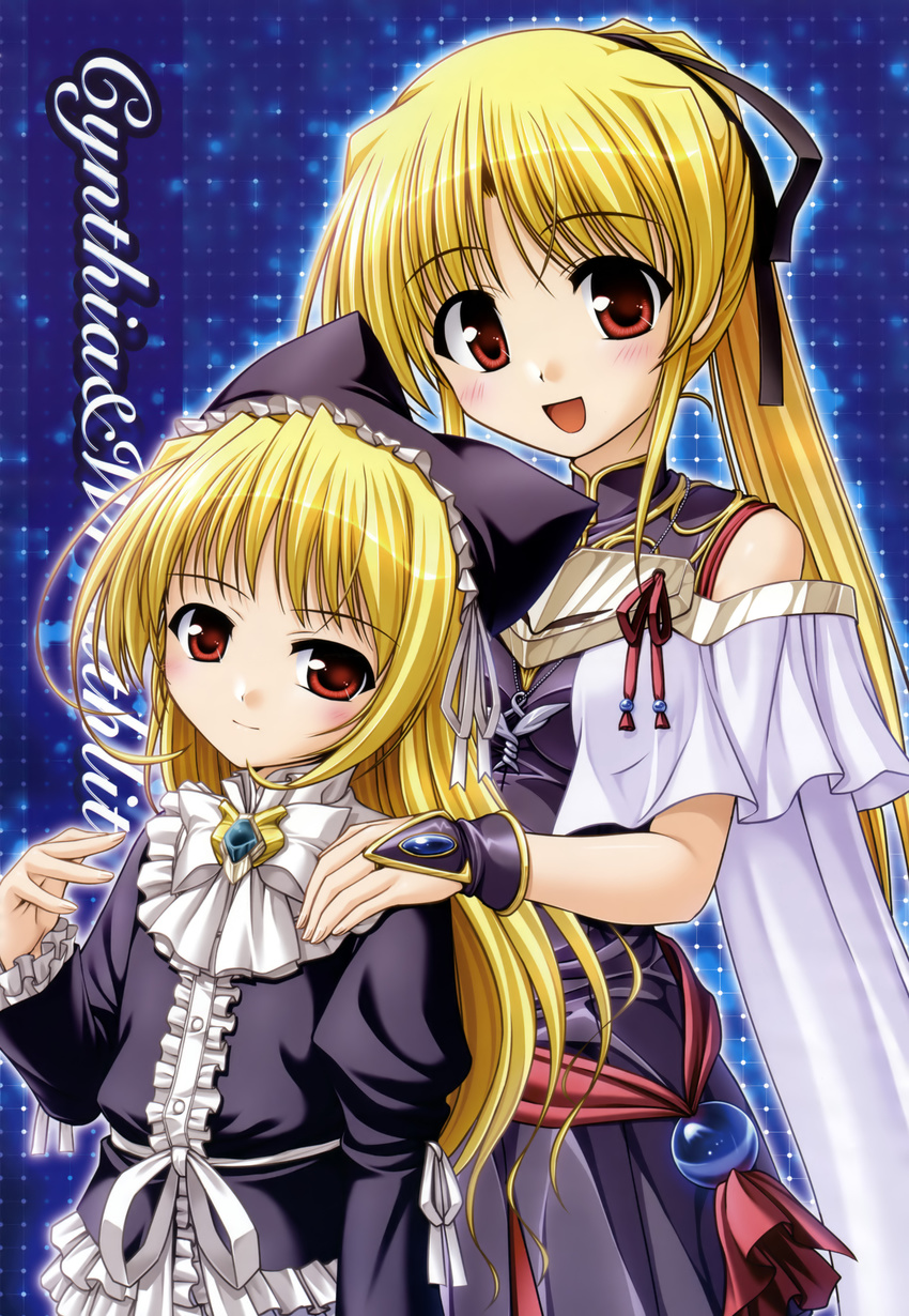 absurdres bare_shoulders bekkankou blonde_hair breasts bridal_gauntlets capelet cynthia_marguerite dress fiacca_marguerite frills hair_ribbon hat hat_with_ears highres large_breasts long_hair multiple_girls ponytail red_eyes ribbon sash siblings sisters very_long_hair wreathlit_noel yoake_mae_yori_ruri_iro_na