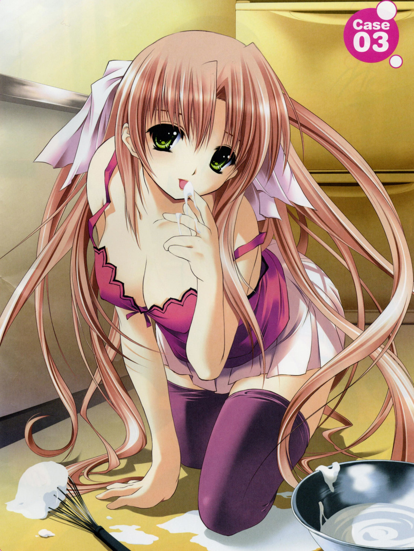 :p absurdres brown_hair cream green_eyes highres magi-cu no_bra off_shoulder sexually_suggestive skirt solo thighhighs tomose_shunsaku tongue tongue_out whisk