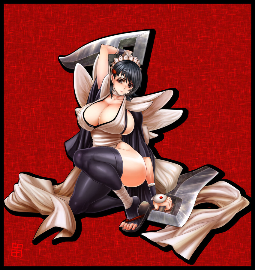 arm_up black_eyes black_hair bokkori border breasts cleavage curvy hair_ornament highres huge_breasts iroha_(samurai_spirits) maid one_knee pose red_background samurai_spirits sandals short_hair sideboob solo sword thick_thighs thighhighs thighs toeless_legwear weapon