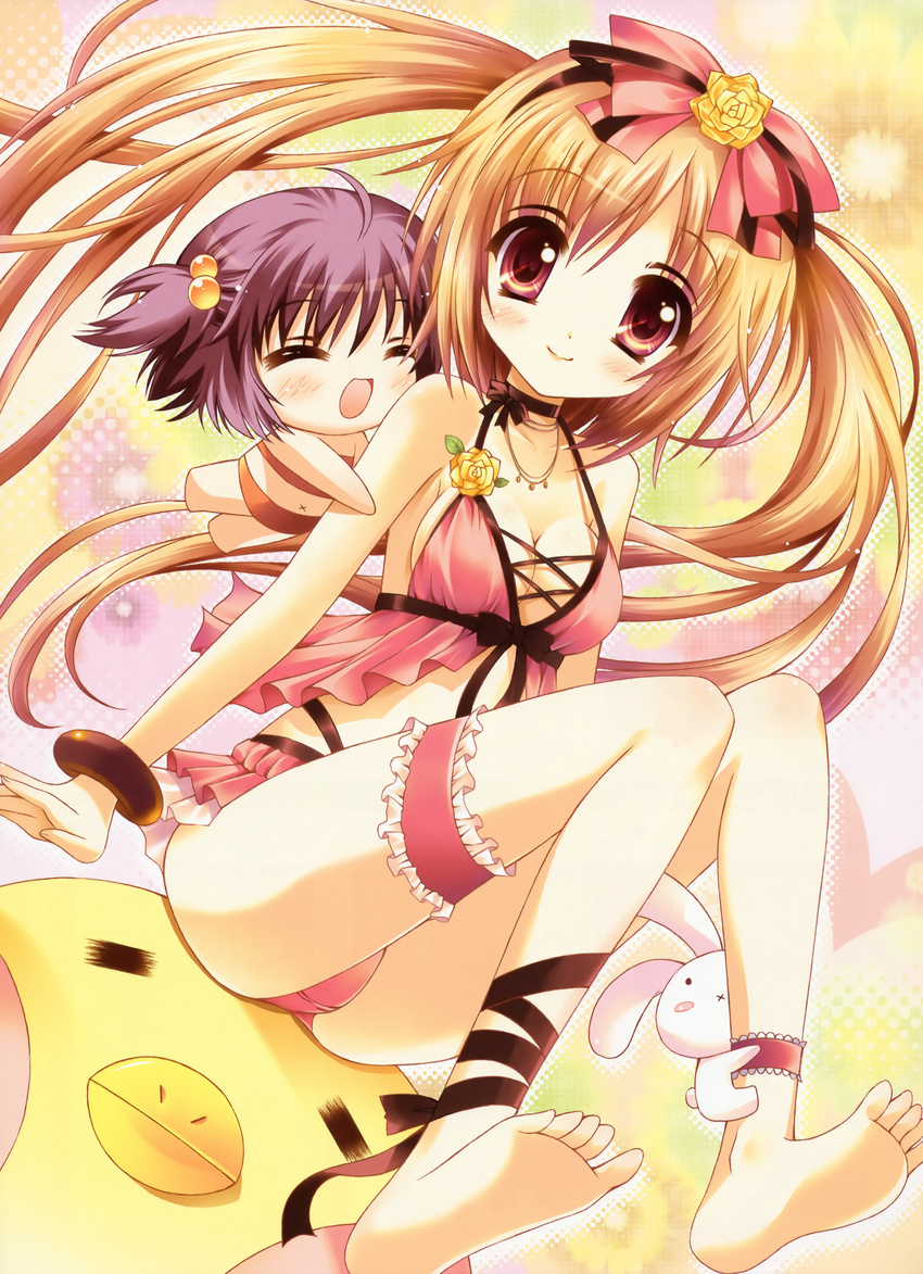 absurdres ankle_garter ankle_lace-up anklet babydoll barefoot bikini blonde_hair blush breasts choker cleavage cross-laced_footwear doll feet garters hair_bobbles hair_ornament highres huge_filesize jewelry leg_garter leg_ribbon medium_breasts multiple_girls original ribbon smile soles swimsuit tsukishima_yuuko twintails