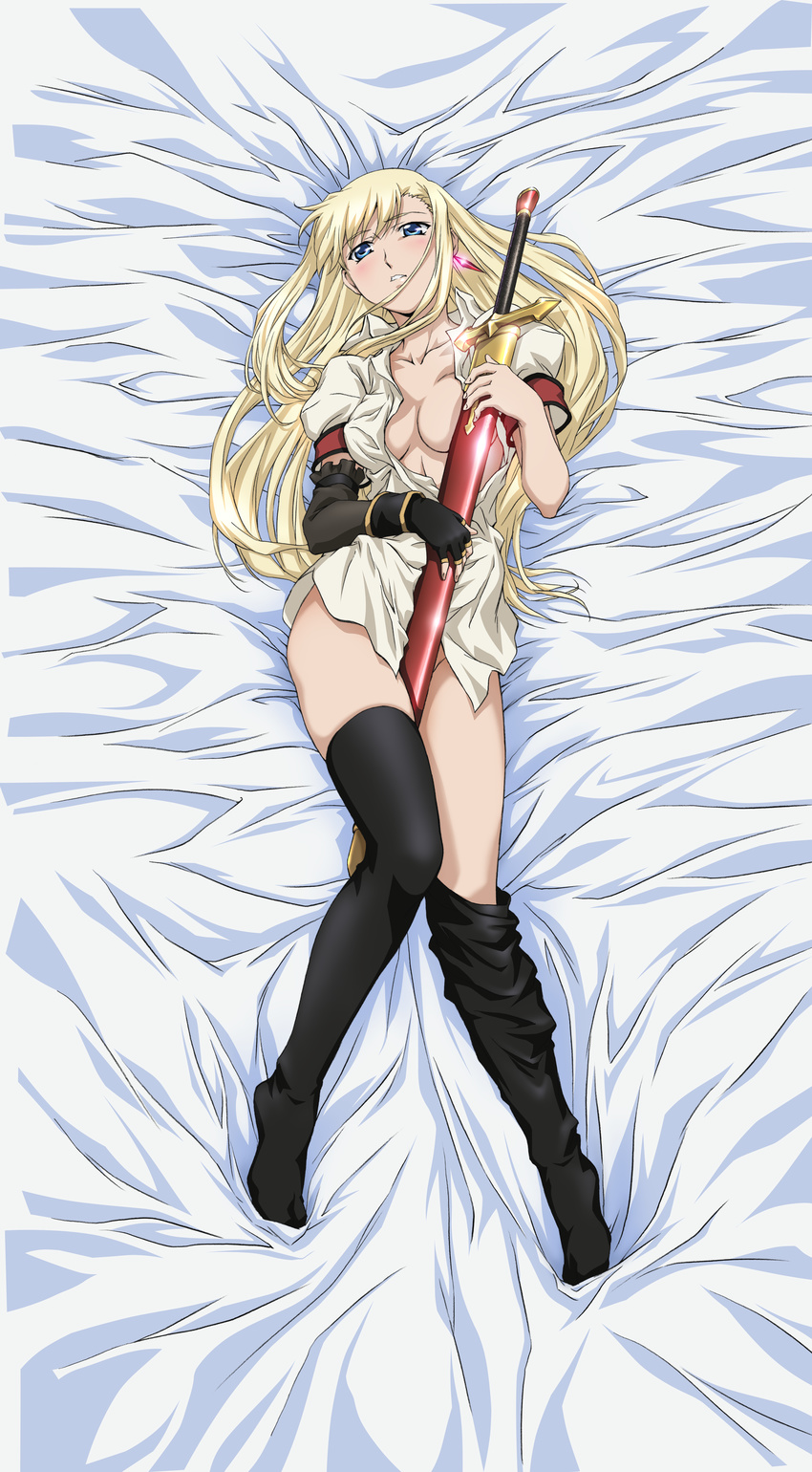 absurdres bed_sheet between_thighs black_legwear blonde_hair blue_eyes blush breasts cleavage dakimakura earrings elbow_gloves fingerless_gloves full_body gloves highres jewelry large_breasts long_hair lying nakata_masahiko no_bra no_panties non-web_source octavia on_back open_clothes open_shirt sheath shirt single_glove solo sword tears_to_tiara thighhighs very_long_hair weapon