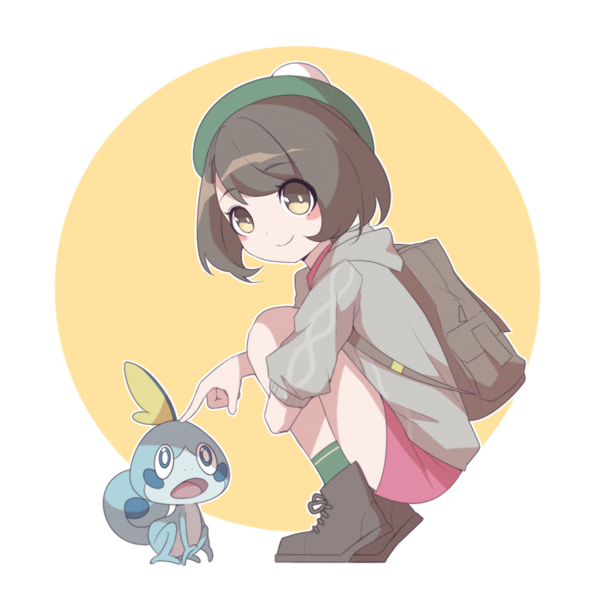 1girl anchorage_akiko backpack bag bangs beret blue_eyes blush_stickers boots brown_eyes brown_footwear brown_hair closed_mouth commentary_request creatures_(company) cross-laced_footwear dress eyebrows_visible_through_hair female_protagonist_(pokemon_swsh) game_freak gen_8_pokemon green_hat green_legwear grey_jacket hat hood hood_down hooded_jacket jacket lace-up_boots nintendo open_mouth orange_background pink_dress pokemon pokemon_(creature) pokemon_swsh smile sobble socks squatting two-tone_background white_background