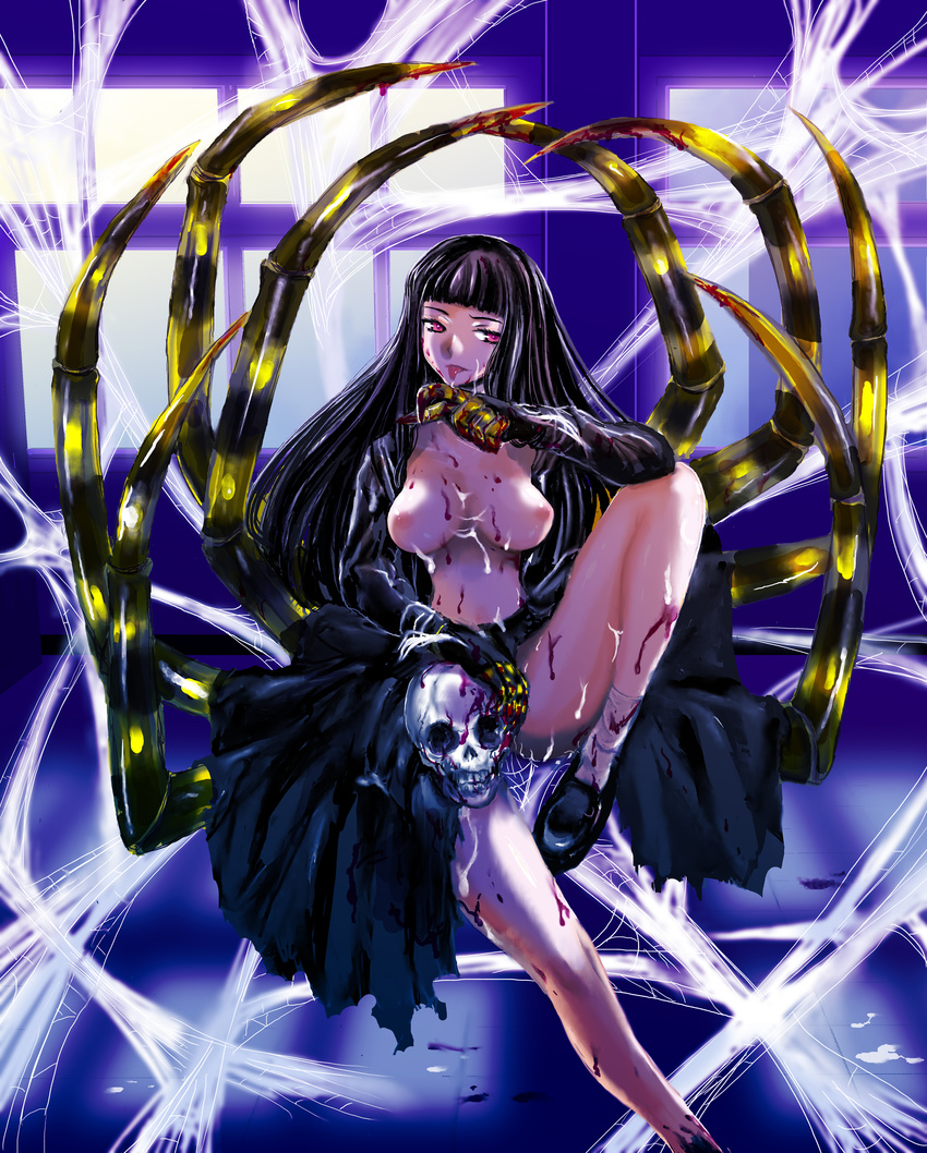 :p absurdres atlach-nacha bangs black_hair blood blunt_bangs breasts highres hirasaka_hatsune insect_girl large_breasts leg_up legs licking long_hair monster_girl nipples no_bra open_clothes open_shirt oxoxox pink_eyes pleated_skirt school_uniform serafuku shirt shoes silk sitting skirt skull socks solo spider_girl spider_web tongue tongue_out torn_clothes very_long_hair window