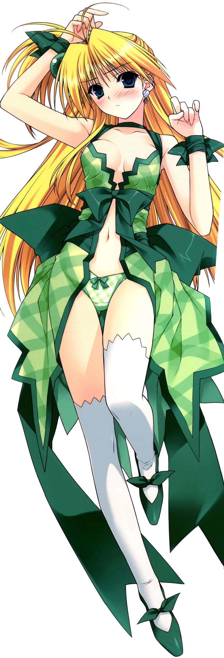 absurdres akikan! armpit_crease bare_arms bare_shoulders blonde_hair blue_eyes blush bow breasts cleavage collarbone dakimakura full_body highres large_breasts long_hair looking_at_viewer melon_(akikan) no_bra non-web_source panties scan simple_background solo suzuhira_hiro thighhighs underwear white_background white_legwear